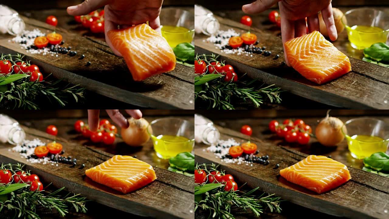 美味和彩色的意大利食物组成的鲑鱼和真正的和新鲜的成分的饮食和低卡路里的健身房和健身世界。鲑鱼健康饮食