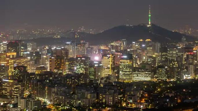 延时: 韩国首尔首尔市中心摩天大楼天际线的鸟瞰图