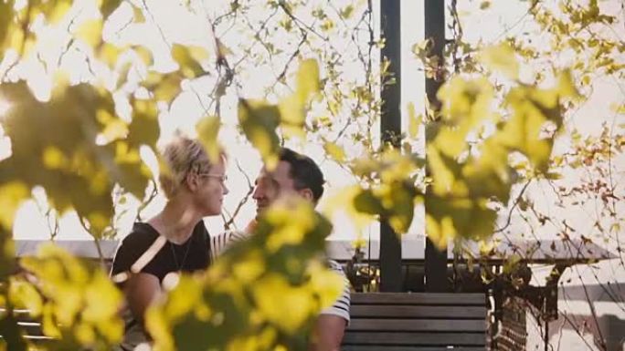 慢动作和平浪漫的情侣坐在秋天的公园长椅上，谈论计划和梦想
