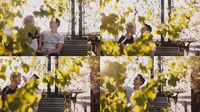 慢动作和平浪漫的情侣坐在秋天的公园长椅上，谈论计划和梦想