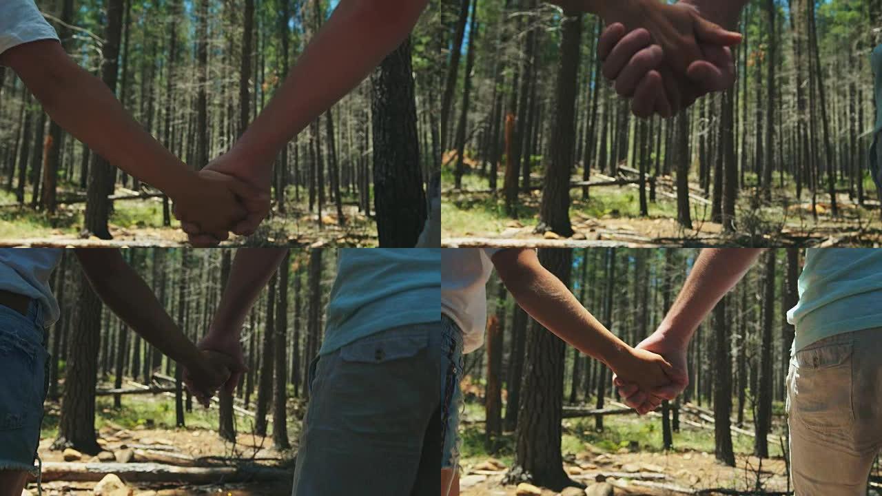 夫妇在森林里牵手