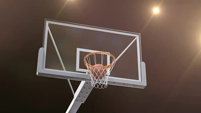 专业投掷篮球圈慢动作相机飞行。美丽的球飞入篮网球场金色聚光灯耀斑。运动概念3d动画