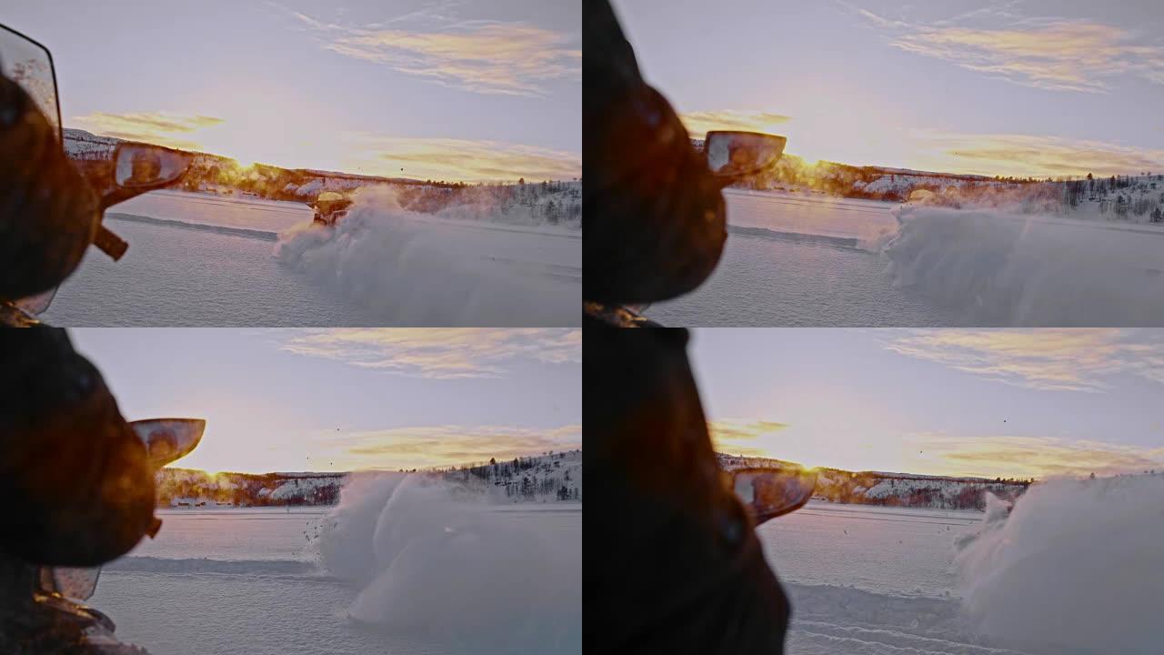 SLO MO游客在挪威骑雪地车玩得开心