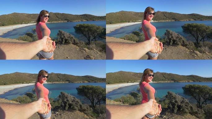 POV: 快乐的女朋友牵着你的手，带你参观岛上。