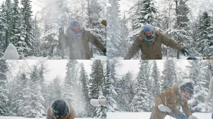 兴奋的朋友在白雪皑皑的森林里玩得开心