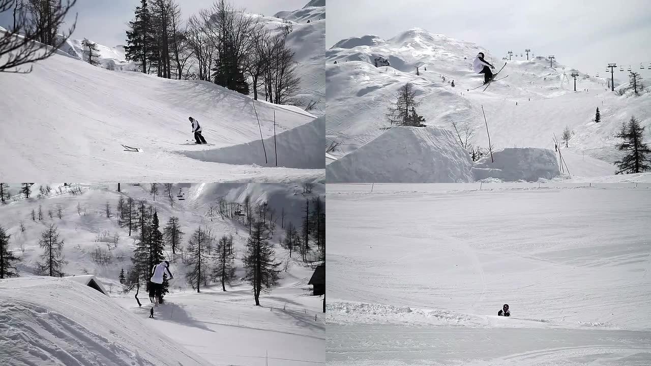 滑雪运动员在雪地公园表演特技
