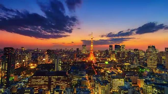 4K.日本东京塔在东京市的延时城市景观