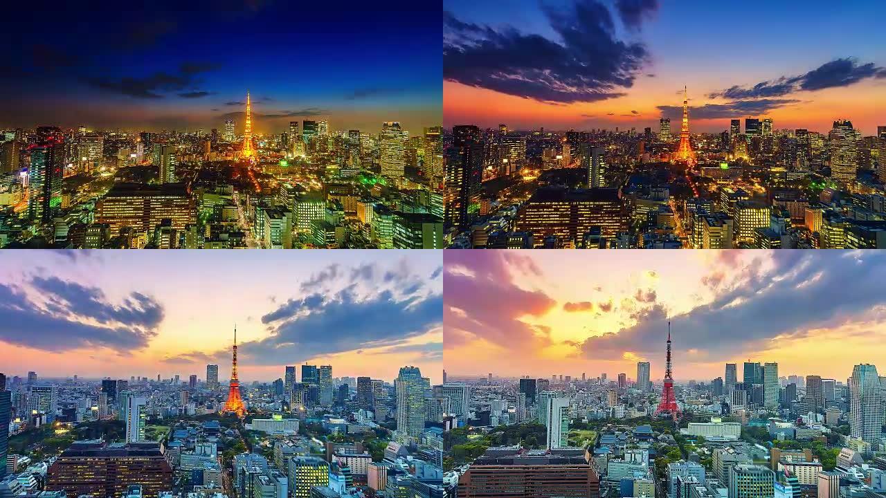 4K.日本东京塔在东京市的延时城市景观