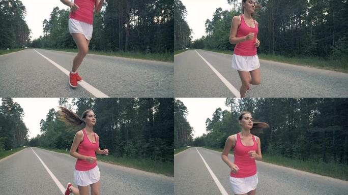 森林里一位漂亮女士的慢跑练习。健康的女运动员跑步。