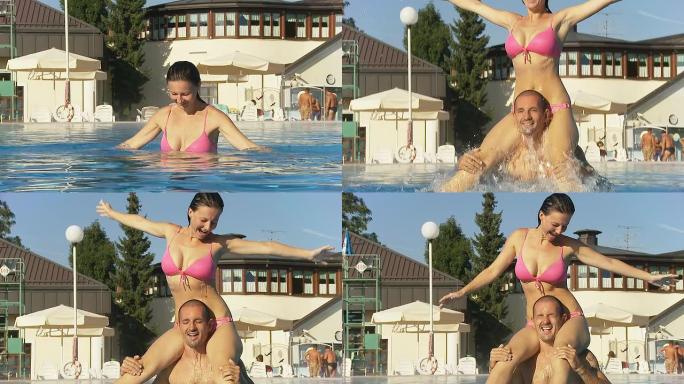 高清慢动作：情侣在泳池里玩得很开心