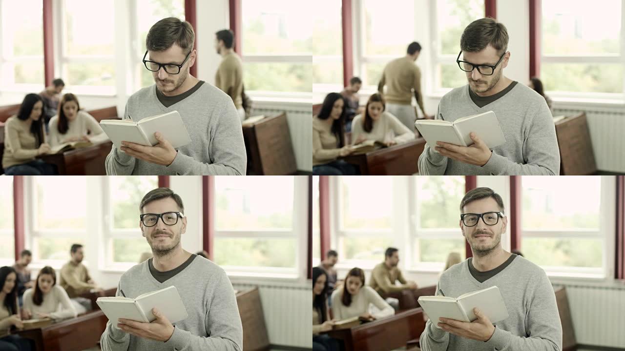 一名男学生的肖像看书眼镜外国男外国年轻男