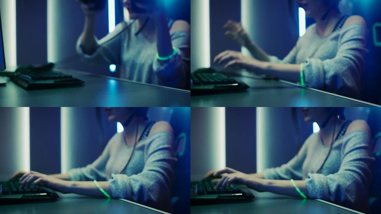 美丽的职业玩家女孩戴上耳机，开始在她的个人电脑上玩在线视频游戏。可爱的休闲极客女孩。复古风格的霓虹灯