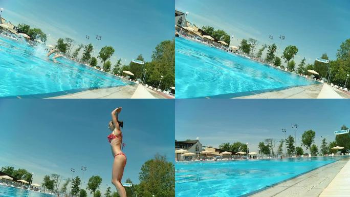 高清慢速动作：女子跳进游泳池