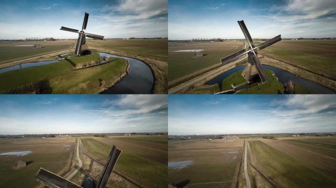 荷兰传统风车的航拍
