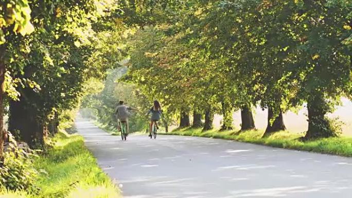 DS年轻夫妇在穿越森林的道路上骑自行车