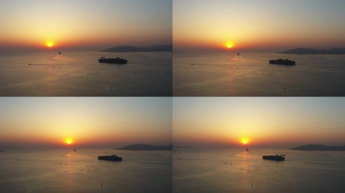 4K原创海上日出青岛港口海上日出初光航拍