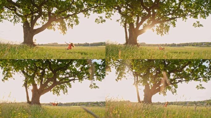 日落时，SLO MO女孩在草地上摇摆