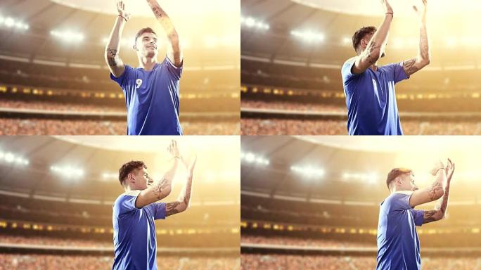 足球运动员庆祝胜利，并在阳光普照的职业体育场上高兴地拍手