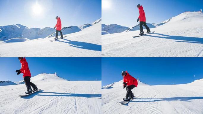 滑雪者冲下滑雪坡慢动作光线照射极限运动