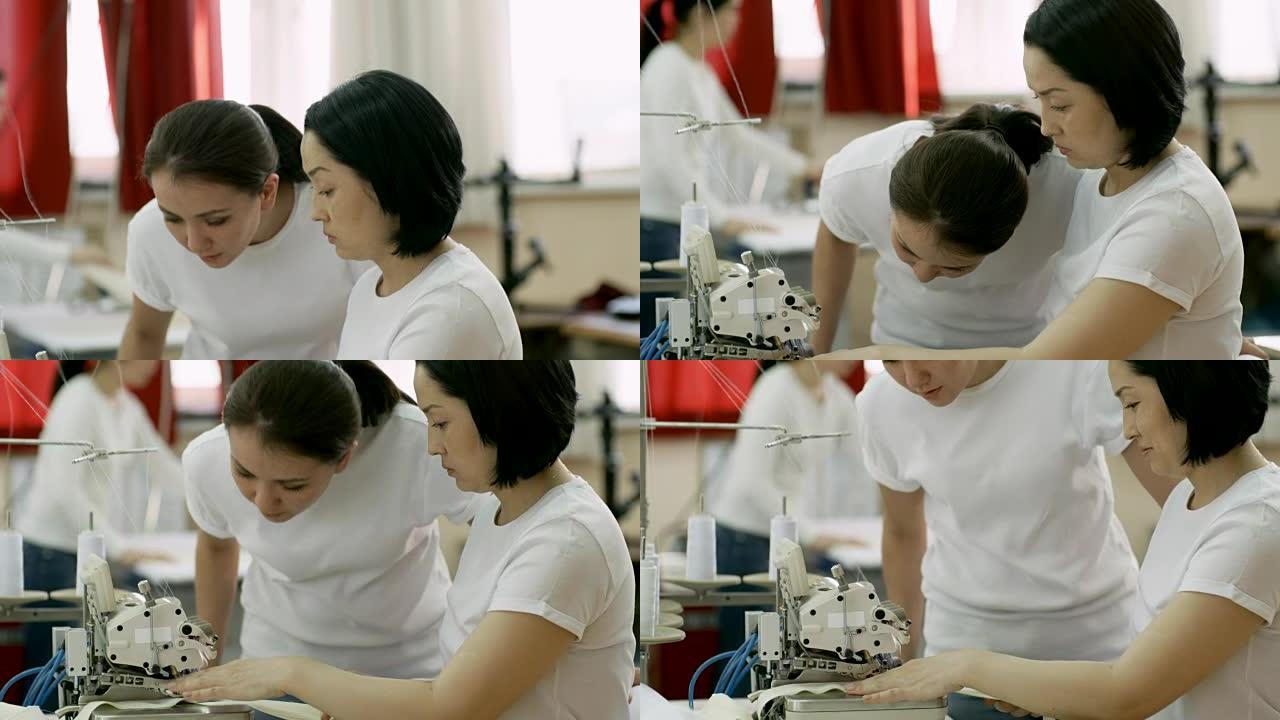 纺织厂使用包缝机的亚洲女性