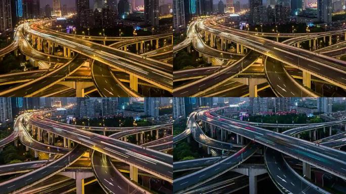 时间流逝-黎明时分上海繁忙的路口，从晚上到白天 (平移)