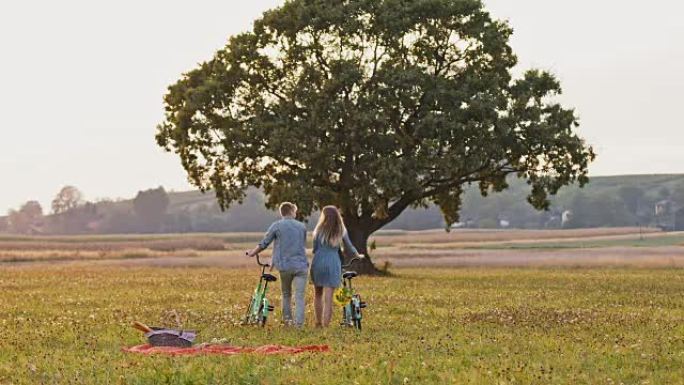 SLO MO年轻夫妇在草地上推自行车