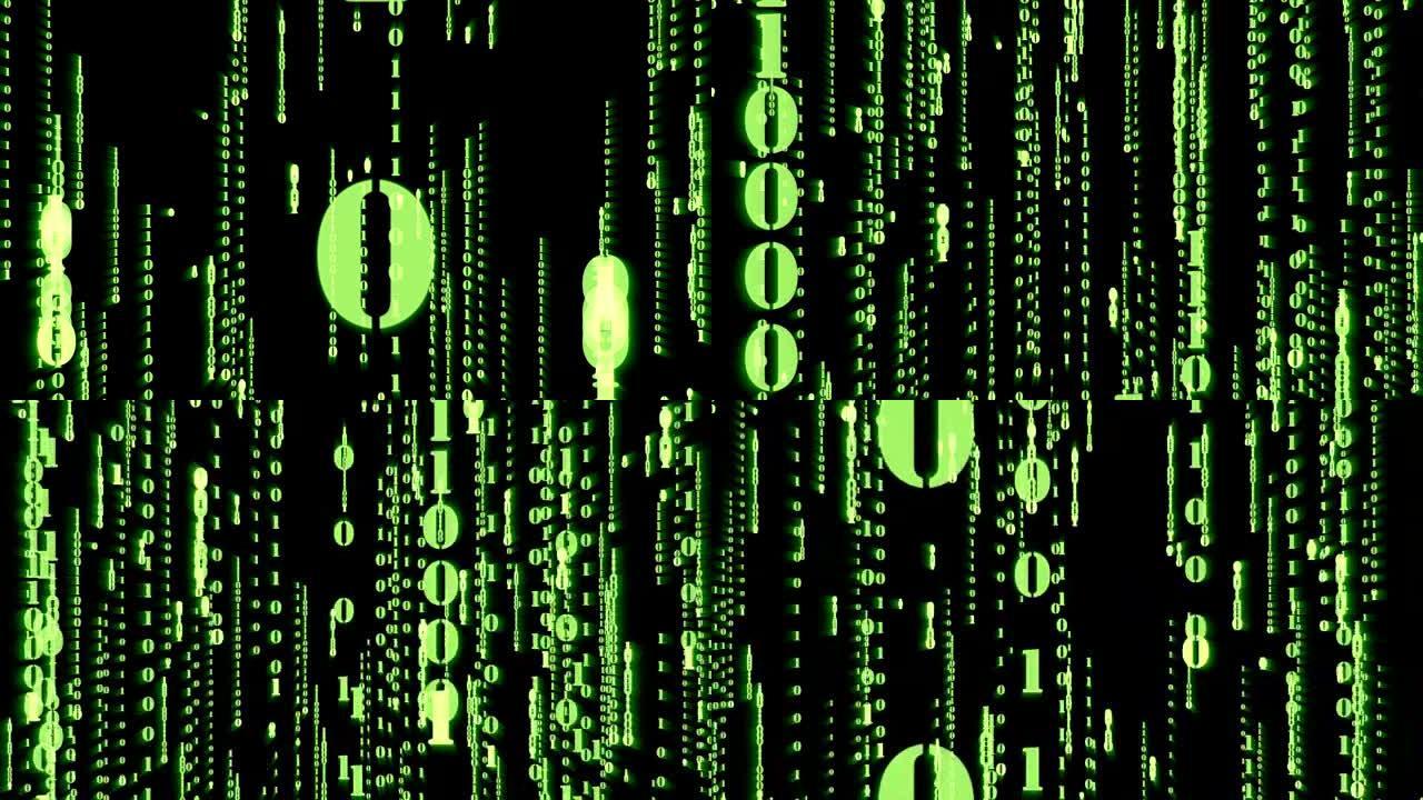 动画背景上的矩阵效应下降的随机绿色粒子二进制数字的4k剪辑，分析数据和计算机概念