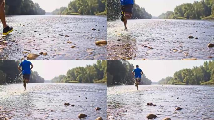 SLO MO Man在浅水中奔跑