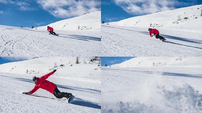 滑雪者在滑雪场上雕刻，将雪喷入相机