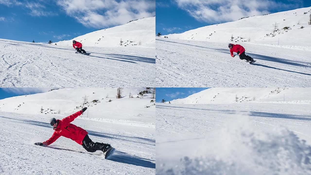 滑雪者在滑雪场上雕刻，将雪喷入相机