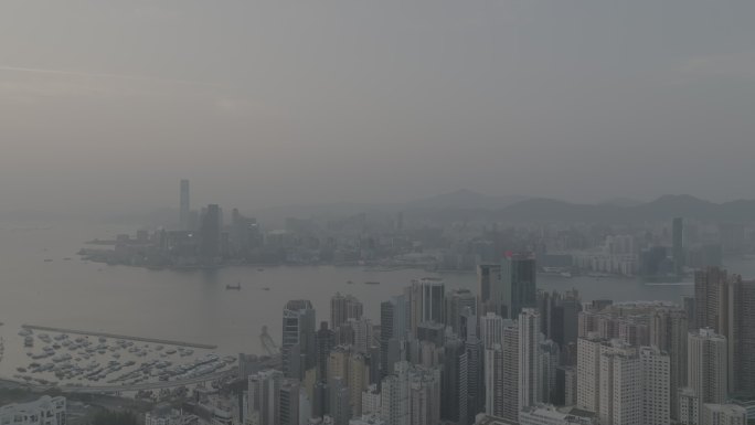 LOG格式航拍香港维多利亚港傍晚