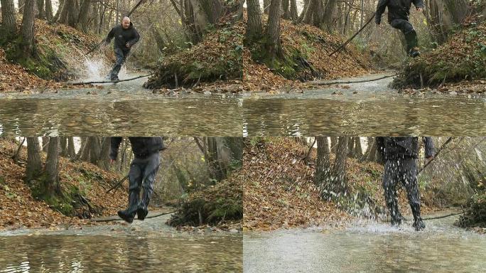 高清慢速运动：犯罪奔跑者在溪流中飞溅