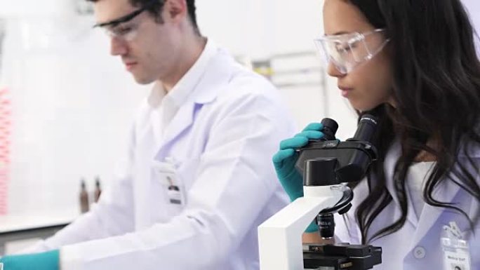 男性和女性科学家在实验室工作。在生命科学实验室工作的卫生保健研究人员。