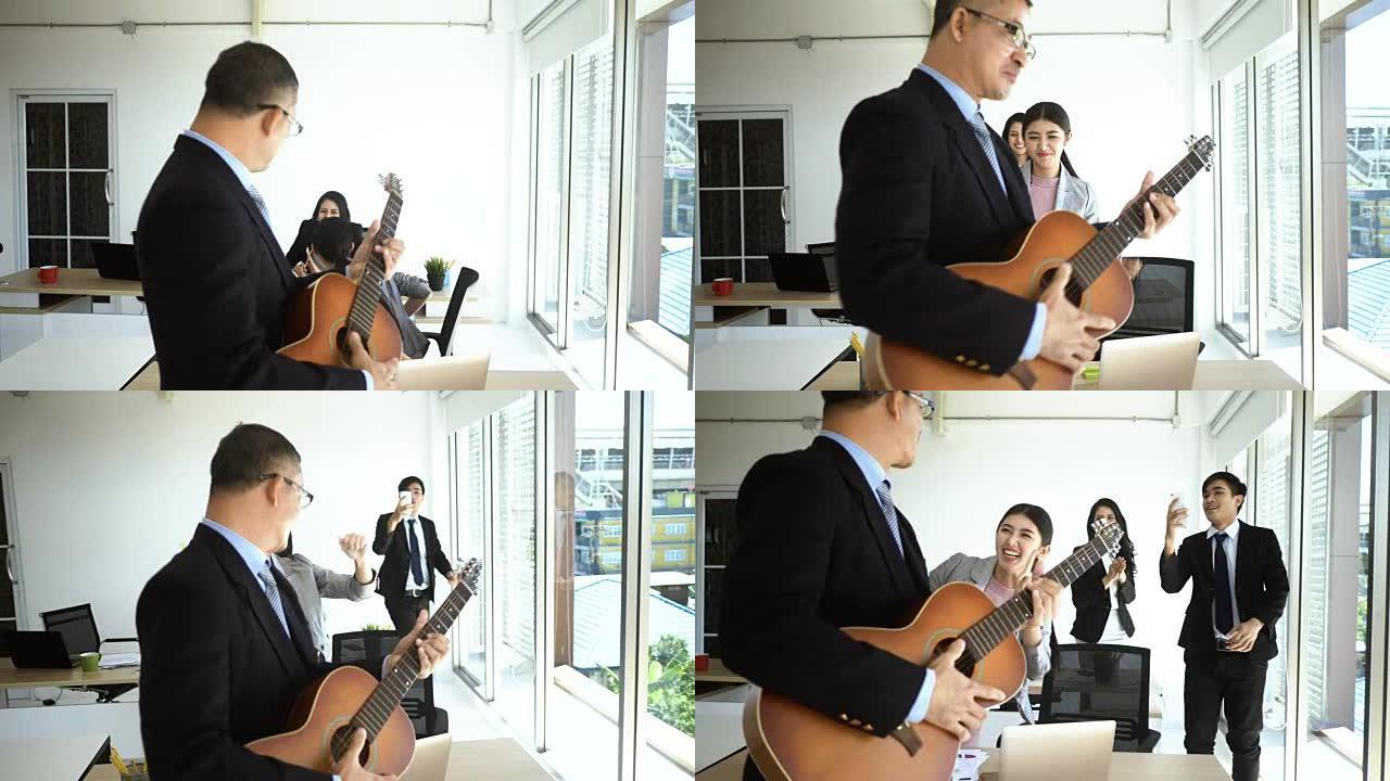 在办公室跳舞。办公室弹吉他舞蹈视频素材