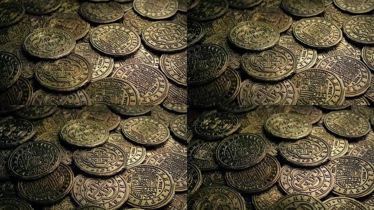 许多旧硬币移动镜头