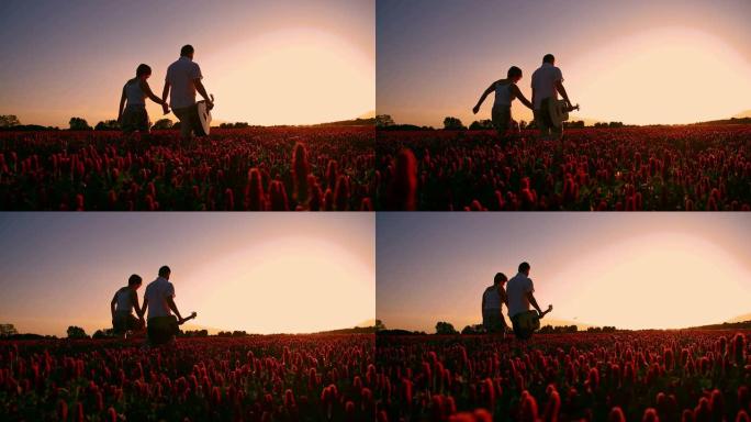 日落时分，SLO MO爱心夫妇漫步在花丛中