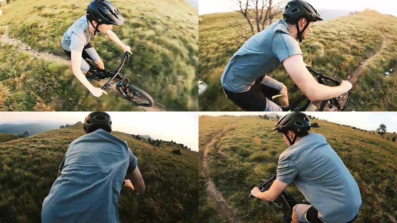日落时在山上的草地上骑自行车