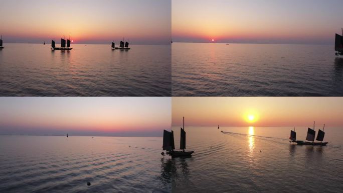 4K航拍太阳升起夕阳美景船帆 河流