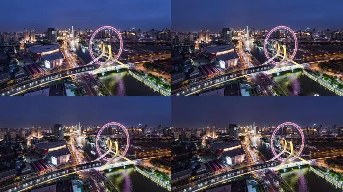 延时-夜间天津天际线的高角度视图 (WS HA RL Pan)
