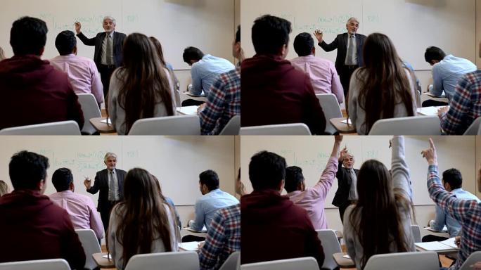 开朗的拉丁美洲老师向他的班级解释船上的公式，学生举手