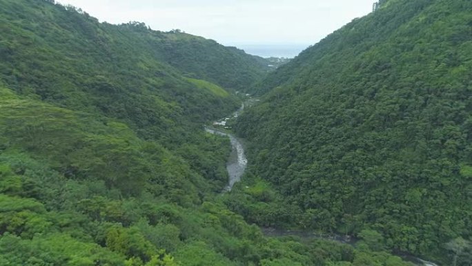 空中: 狭窄的河流流过令人惊叹的山脉，流向无尽的海洋。