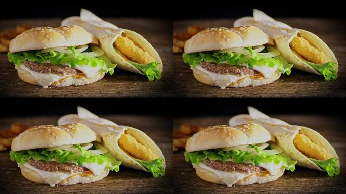 SLO MO DS美味的汉堡包和鸡肉卷