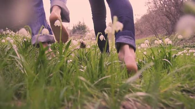 高清超慢动作: 赤脚走过春天的草地