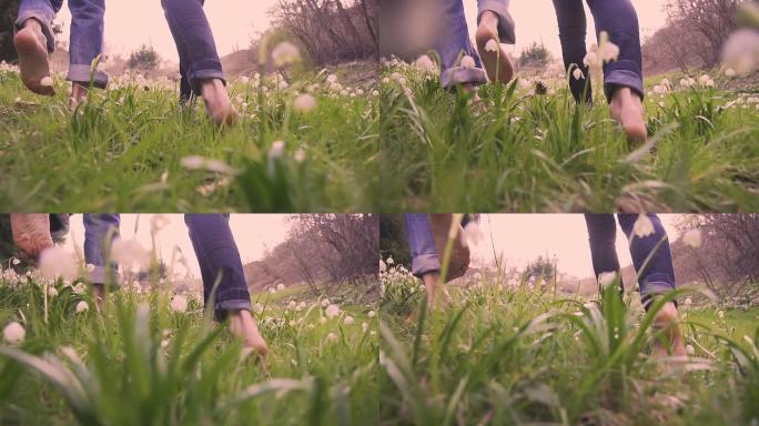 高清超慢动作: 赤脚走过春天的草地