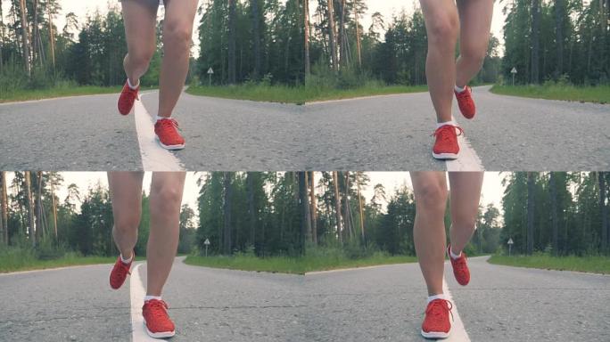 在正面视图中，女性腿沿着小巷奔跑的慢动作镜头