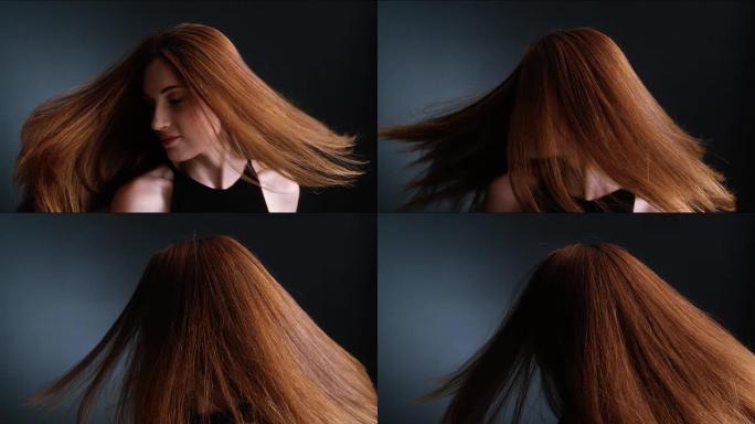 美丽的红发女孩扔掉她的长发