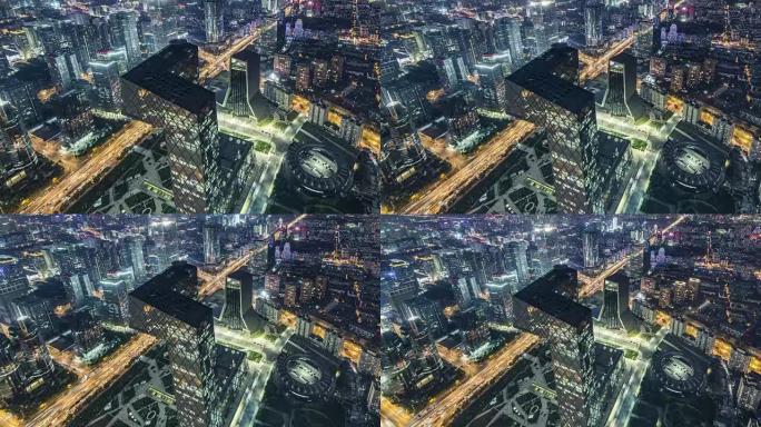 夜间/中国北京CBD地区北京天际线和摩天大楼的T/L WS HA ZO鸟瞰图