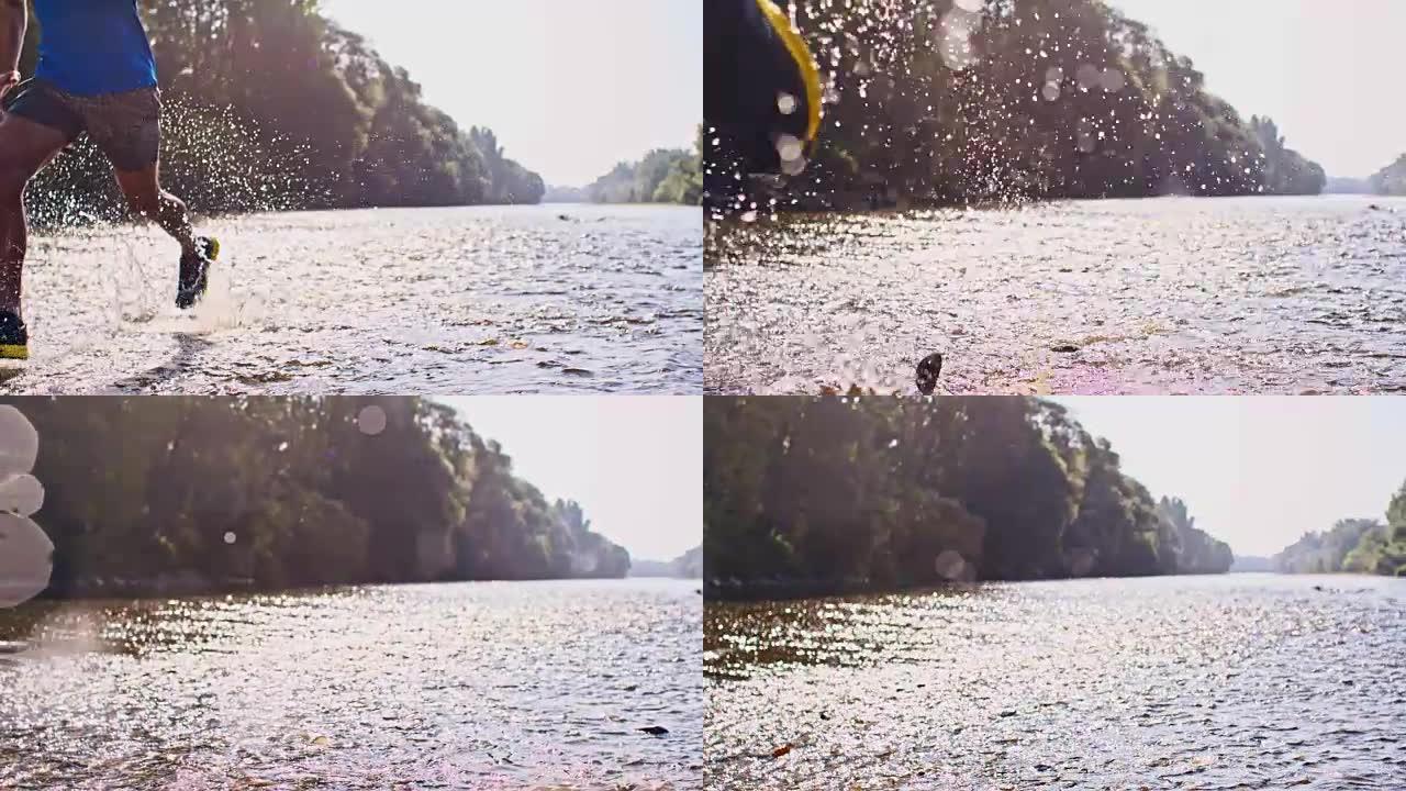 SLO MO Man在浅水河中奔跑