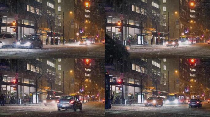 夜间暴风雪中的城市道路