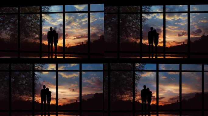 这对夫妇站在日落背景上的全景窗户附近。时间流逝